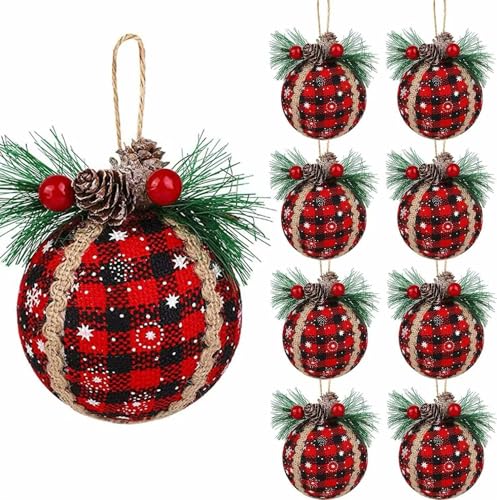 Iceyyyy 9PCS Christmas Plaid Ball Ornaments - 2 Inch Black & Red Buffalo Plaid Fabric Ball Ornaments with Pine Cones and Greenery, Plaid Christmas Tree Hanging Balls Ornament Festive Decoration
