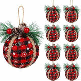 Iceyyyy 9PCS Christmas Plaid Ball Ornaments - 2 Inch Black & Red Buffalo Plaid Fabric Ball Ornaments with Pine Cones and Greenery, Plaid Christmas Tree Hanging Balls Ornament Festive Decoration
