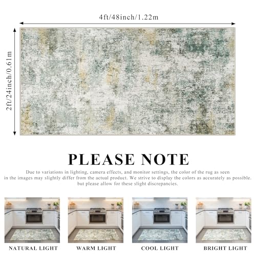 2x4 Rug for Entryway Washable: Abstract Modern Runner for Kitchen Green