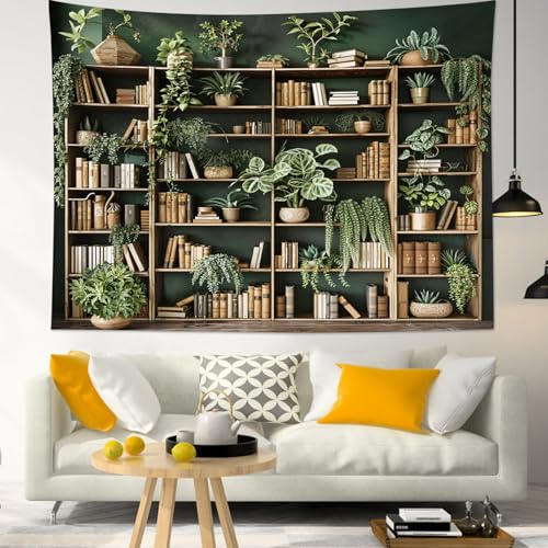 HVEST Green Plant Bookshelf Tapestry Book on Bookshelf and Plant Potted Tapestry Wall Hanging Reading Wall Art Decor for Study Room Bedroom Living Room College Dorm, 40L x 60W Inches