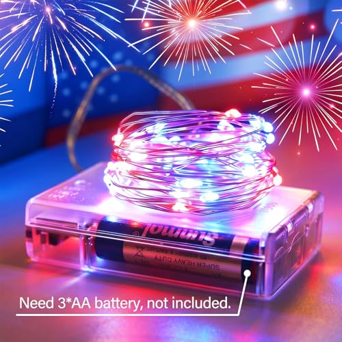4th of July Patriotic Decorations, Red White Blue Fairy String Lights, Battery Operated with Timer, 2 Pack Total 33FT 100 Led Mini Battery Powered Mason Jar Firefly Lights DIY Party Memorial Day