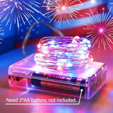 4th of July Patriotic Decorations, Red White Blue Fairy String Lights, Battery Operated with Timer, 2 Pack Total 33FT 100 Led Mini Battery Powered Mason Jar Firefly Lights DIY Party Memorial Day