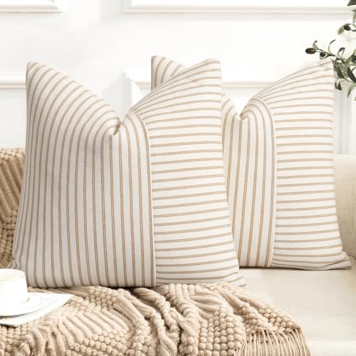 YCOLL Farmhouse Pillow Covers 22x22, Modern Accent Square Throw Pillow Covers Set of 2, Khaki and Beige Striped Patchwork Linen Decorative Pillows Cushion Covers for Couch Chair Bedroom Home Decor