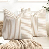 YCOLL Farmhouse Pillow Covers 22x22, Modern Accent Square Throw Pillow Covers Set of 2, Khaki and Beige Striped Patchwork Linen Decorative Pillows Cushion Covers for Couch Chair Bedroom Home Decor
