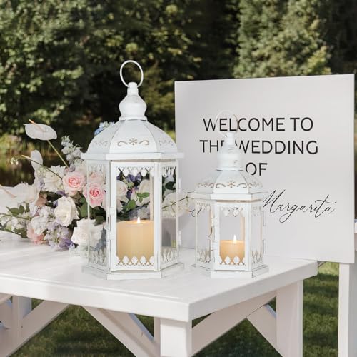 Lanterns Decorative Outdoor&Indoor, Set of 2 (15"&11") White Metal Lantern Decor with Glass, Candle Holder for Porch, Patio, Garden, Balcony, Wedding, Table Centerpiece