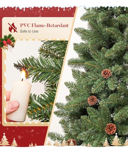 Decoway 6FT Artificial Christmas Tree: Unlit Green Xmas Pine with Pinecones and Metal Stand for Indoor - Holiday Decoration for Porch Living Room Easy Assembly