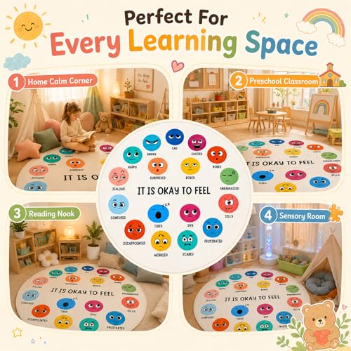 Breling 4ft Round Calming Corner Classroom Rug Feelings Chart Emotion Mat for Kids Large Soft Washable Non Slip Sensory Carpet for Reading Nook Preschool Homeschool Playroom Sel Learning Area