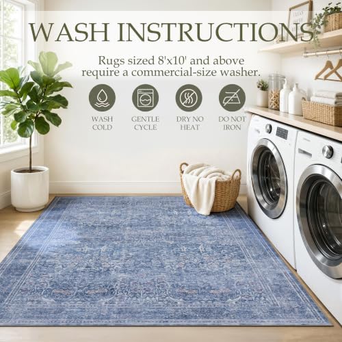 JOLLYVOGUE Entryway Rug, 2x3 Washable Vintage Floral Rug, Dusk Blue