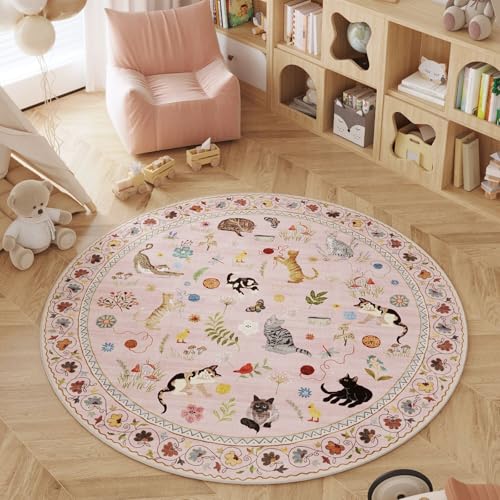 Rugcomf Round Area Rug 6ft Washable Non Slip Floral Animal Cat, Pink