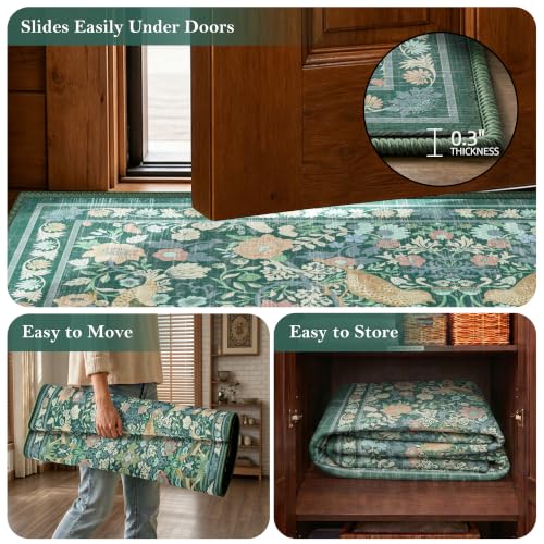 Vintage Floral Area Rug 5x7, Botanical Bird Washable Living Room Rug, Non Slip Stain Resistant Low Pile Soft Carpet for Bedroom Dining Room Under Table Home Office, Dark Green