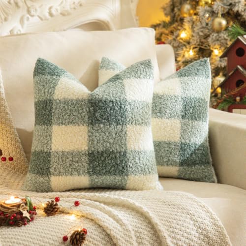 Green White Plaid Christmas Throw Pillow Covers 18x18 Inch Set of 2