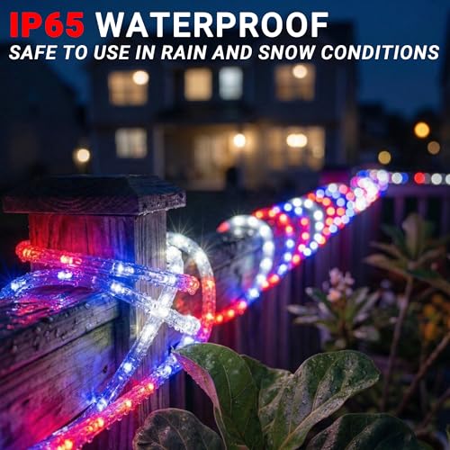 50ft Rope Lights For Outside,Connectable Flexible Tube Lights with 8 Modes Controller,Waterproof Red/Blue/White LED Rope Lighting for Deck,Garden,Pool,Patio,Bedroom,Indoor & Outdoor Landscape Lighting