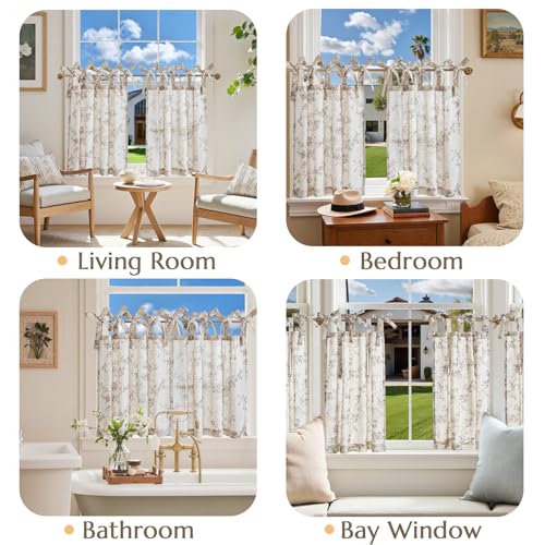jinchan Floral Kitchen Curtains 24 Inch Linen Tier Curtains Farmhouse Cafe Half Window Drapes Over Sink Light Filtering Taupe on Beige for Living Room Laundry Tie Top 2 Panels