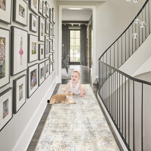 Capslpad 2x8 Washable Runner Rug, Modern Non-Slip Hallway Runner Rug, Abstract Low Pile Kitchen Rug, Soft Print Faux Wool Rug for Entryway, Bedroom, Kitchen, Laundry, Light Beige