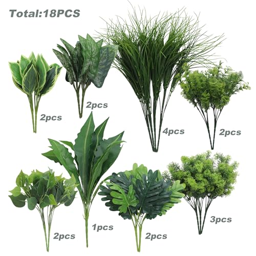 Green Moon 18PCS Artificial Plants Outdoor, Faux Greenery Stems for Outside | UV Resistant Faux Outdoor plants, Fake Shrubs Plants for Patio Garden, Front Porch, Window Box, Spring Summer Home Decor