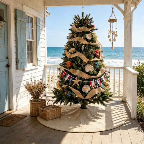 yuboo 48 Inch Burlap Christmas Tree Skirt, Brown Jute Linen Tree Mat, Summer Rustic Farmhouse Boho Tree Skirt with Ties for Holiday Tree Decor