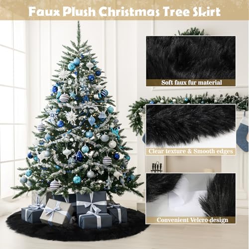 MACTING Faux Fur Christmas Tree Skirt 28 Inch Black Plush Skirt Fluffy Soft Double Layer Small Tree Mat Base Cover for Merry Christmas Party Holiday Home Indoor Halloween Xmas Tree Decorations