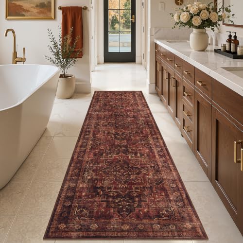 Washable Hallway Runner Rug 2.6'x8', Vintage Medallion, Dark Red