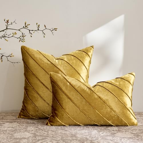 GIGIZAZA Decorative Velvet Pillow Covers 18x18, Set of 2 Gold Sofa Couch Throw Pillows Covers Cases, Living Room Square Cushion Accent Stripe Covers