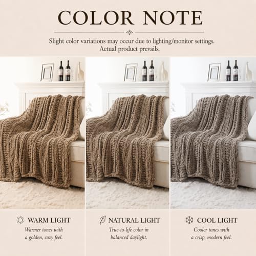 Battilo Chunky Knit Throw Blanket for Couch, Hand Made Chenille Throw Blanket, Super Soft Warm Cozy Taupe Blanket for Bed, Sofa, Living Room, 50"x60"