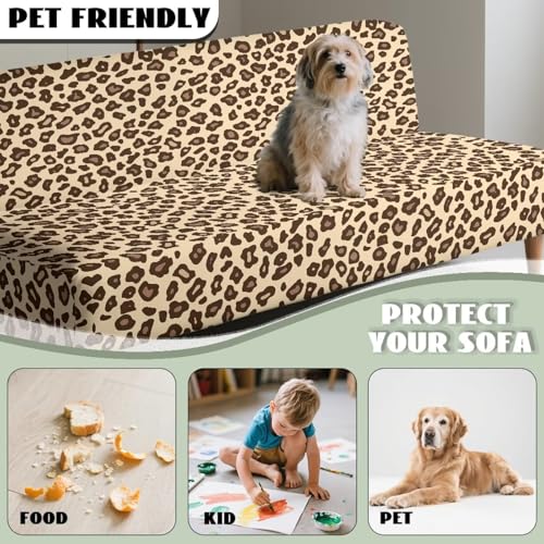 Futon Cover with Elastic Bottom Armless Sofa Covers Non Slip Washable Couch Slipcover Scratch-Resistant Futon Sofa Slipcover for Dogs Cats, Leopard Print Beige