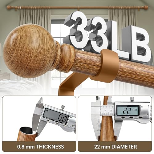Boho Wood Curtain Rods for Windows 72 to 144 inch 1" Diameter Adjustable Heavy Duty Window Curtain Rod with Decorative Wooden Grain Finials Drapery Rods for Living Room Bedroom Kitchen Cafe Farmhouse