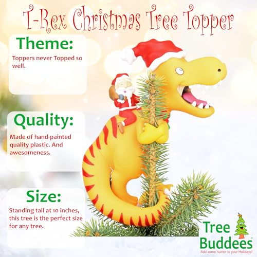 Tree Buddees Santa Riding a T-Rex Funny Christmas Tree Topper - Large 10"