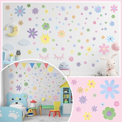 Kisston 90 Pcs Daisy Wall Decal Boho Decal Daisy Stickers Flower Wall Decals Removable Vinyl Decals Peel and Stick for Nursery Art Bedroom Home Decor(Pastel)