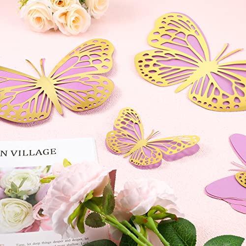 Geosar 20 Pcs 3D Large Butterfly Decoration 3 Size 12" 10" 5" 2 Layer Giant Paper Butterfly Stickers for Wedding Birthday Party Baby Shower Home Wall Decor (Gold,Purple)