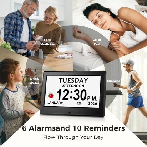 Pastigio Digital Clock, Dementia Clock with Date and Time, 10 Reminders, 6 Alarms, Auto-Dimming, Auto DST, Remote Control, Large Display Alarm Clock for Seniors