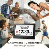 Pastigio Digital Clock, Dementia Clock with Date and Time, 10 Reminders, 6 Alarms, Auto-Dimming, Auto DST, Remote Control, Large Display Alarm Clock for Seniors