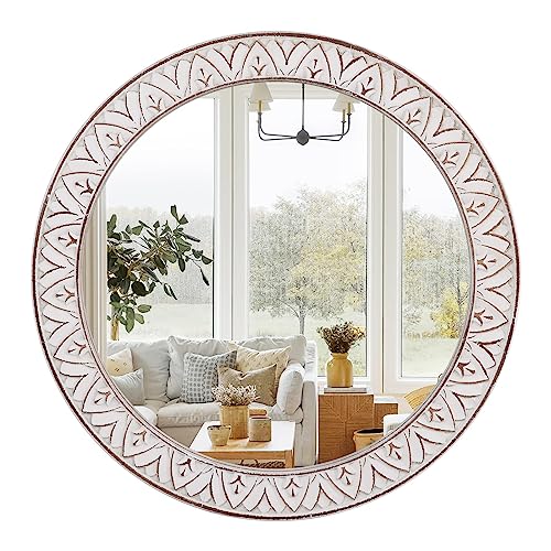 24" Round Mirror Farmhouse Wooden Frame Circle Mirrors, Rustic Decorative Distressed Wall Mounted Mirror for Bathroom, Bedroom, Living Room, Entryway, Fireplace, Hall