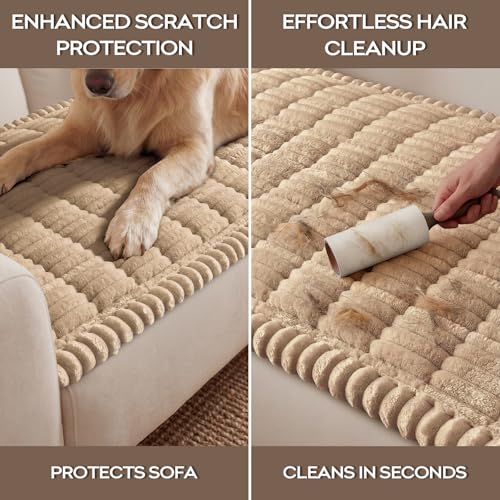 decorUhome Non-Slip Fuzzy Couch Cover for Dogs, Soft Thick Washable Pet-Friendly Protector, Sofa Slipcover for 2 Cushion Sofa/Loveseat, Khaki, 27.6" x 59"