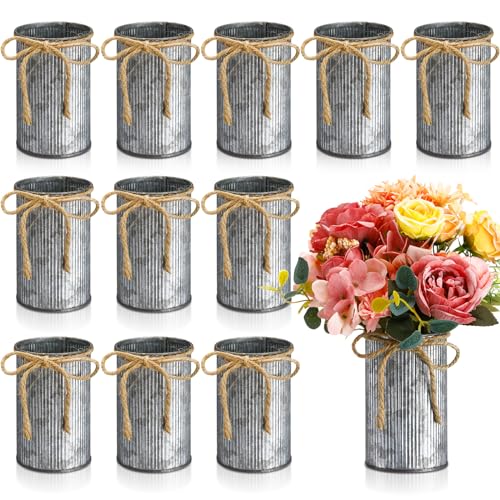 Rustic Vase for Table Centerpieces 4.33 Inch Small Petite Flower Vase with Twine Bow Vintage Farmhouse Decor for Wedding Reception Dining, Home Galvanized Metal Buckets(Iron Color,12 Pcs)
