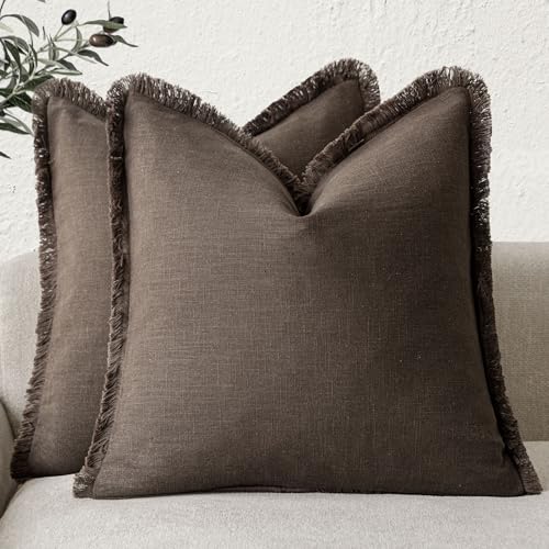 Foindtower Decorative Linen Fringe Throw Pillow Covers 22×22 Reddish Brown
