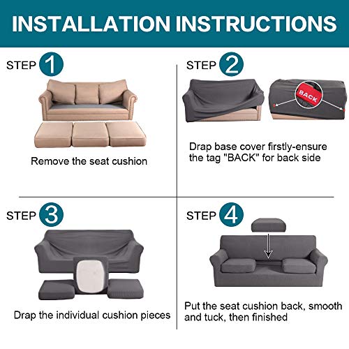 Turquoize 4 Piece Sofa Covers for 3 Cushion Couch Sofa Slipcover Soft Couch Cover for Dogs-Washable Sofa Furniture Covers with 3 Individual Cushion Covers, Jacquard Fabric (3 Cushion Sofa, Gray)