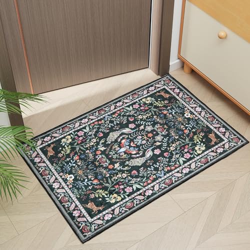 Rugcomf Door Mat 2x3 Small Area Rug Floral Washable Non Slip, Emerald Green