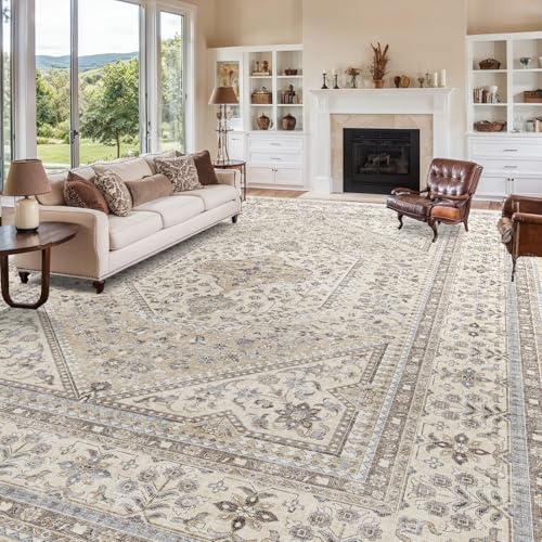 12x15 Washable Area Rug for Living Room - Non-Slip Vintage Rugs Beige Gray