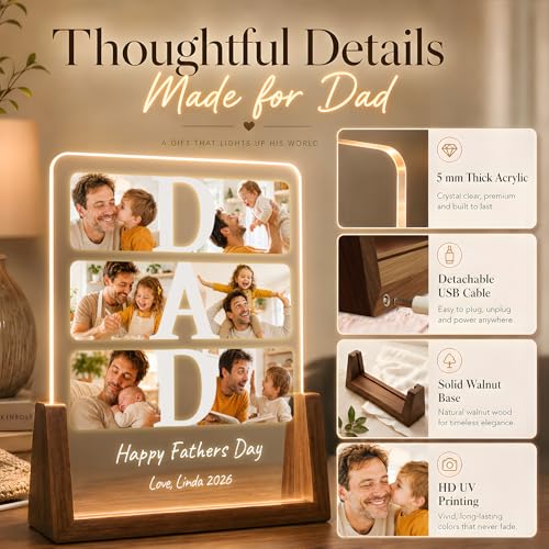 Personalized Fathers Day Gift for Dad, Custom Acrylic Picture Frame Night Light with Walnut Base, Unique Dad Gift from Daughter Son Kids Wife