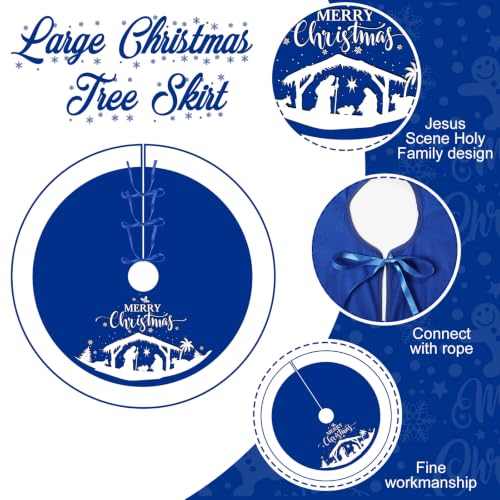 48 Inch Christmas Tree Skirt Nativity Scene Holy Family Xmas Tree Mat Jesus is the Reason for the Season Tree Skirt Pad Double Layer Round Tree Skirt for Christmas Jesus Party (Blue)