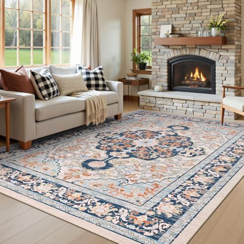Boho Vintage Area Rug 6x9 Machine Washable Carpet, Orange Blue