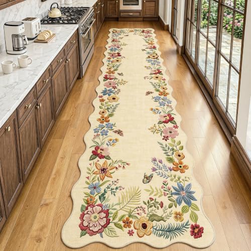 Fmfunctex 3x12 Hallway Runner Rug Washable Beige Floral Vintage Scalloped