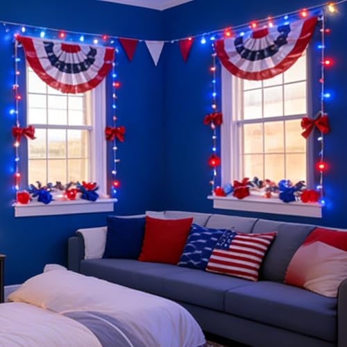 LAMPHOME Red White and Blue Patriotic String Lights, 66ft 200LED 4th of July Lights Plug in, 16 Modes with Timer Outdoor String Lights for Independence Day Memorial Day Patriotic Tree Holiday Decor