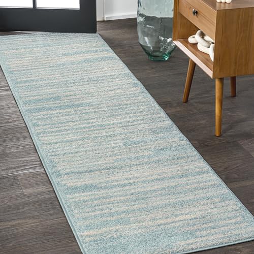 JONATHAN Y Khalil Modern Berber Stripe Turquoise/Cream Runner Rug, 2x8, Contemporary, Bohemian, Easy-Cleaning for Living Room, Bedroom, Kitchen, Pet Friendly, Non-Shedding (MOH207D-28)