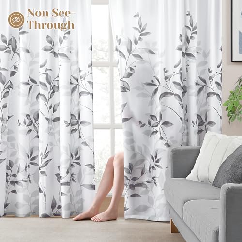 HOMEIDEAS Non-See-Through Light Grey and White Privacy Sheer Curtains 52 X 63 Inch Length 2 Panels, Leaf Floral Printed Light Filtering Semi Sheer Window Curtains Drapes for Bedroom Living Room