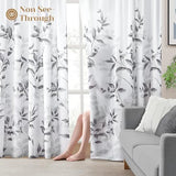 HOMEIDEAS Non-See-Through Light Grey and White Privacy Sheer Curtains 52 X 63 Inch Length 2 Panels, Leaf Floral Printed Light Filtering Semi Sheer Window Curtains Drapes for Bedroom Living Room