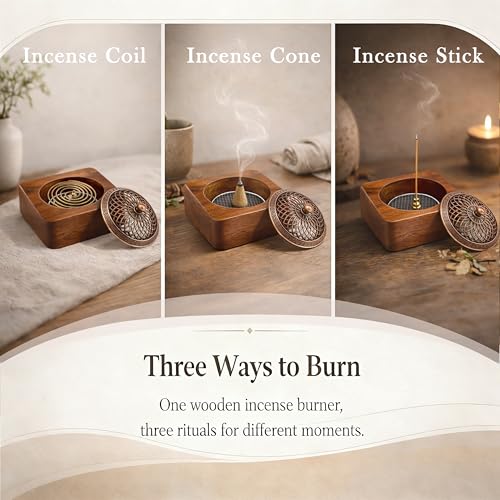 Acacia Wood Incense Burner for Cones & Coils, with Sticks Holder - 3-in-1, Zen Meditation Yoga Home Room Decor
