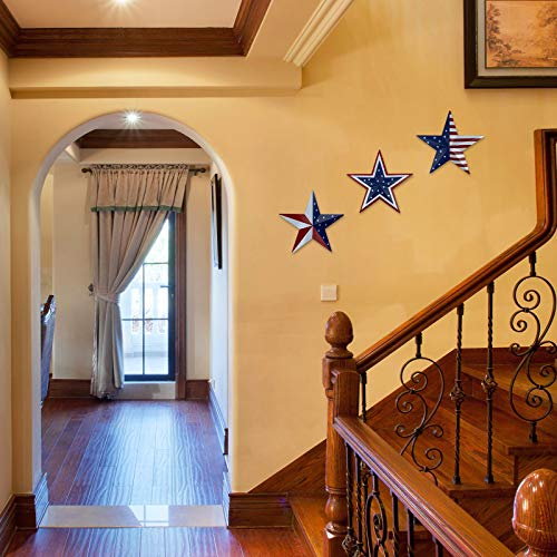 Metal Barn Star Art - American Flag Patriotic 9-Inch Star Wall Decoration, Wall Mount 3D Barn Star Decor July of 4th Decoration, Set of 3