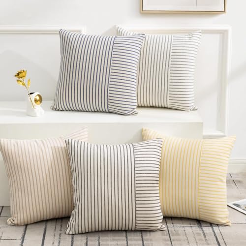 YCOLL Farmhouse Pillow Covers 18x18, Modern Accent Square Throw Pillow Covers Set of 2, Gray and Beige Striped Patchwork Linen Decorative Pillows Cushion Covers for Couch Chair Bedroom Home Decor
