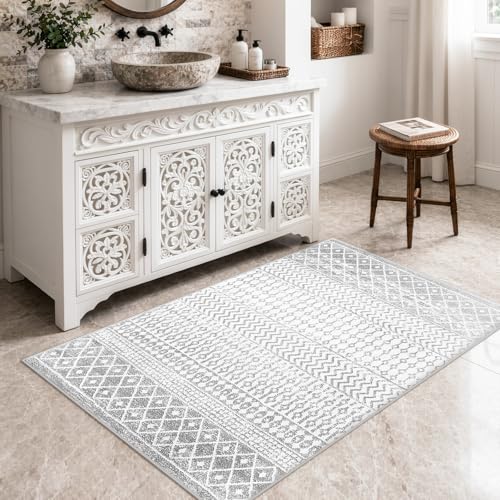 3x5 Ivory Gray Washable Door Rugs with Non-Slip Backing